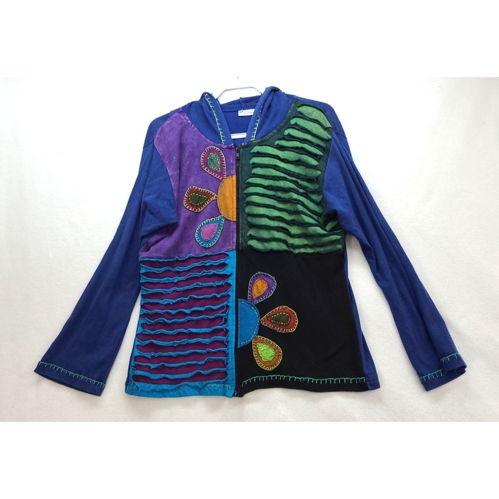 Women Embroidered Faded‎ Slashed Patchwork Pixie Hooded Hippy Festival Jacket